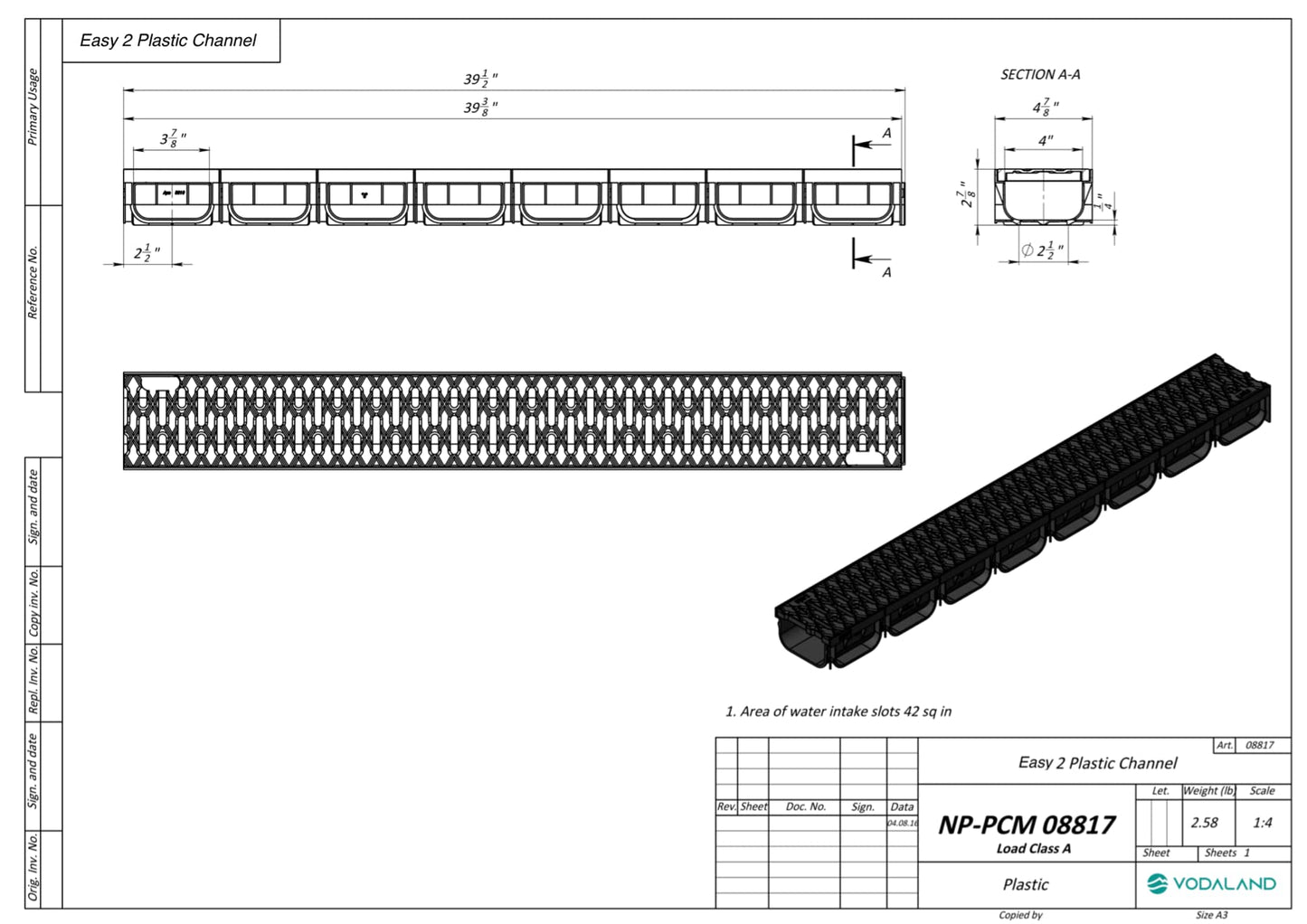 Vodaland - 4 Inch Trench Drain System with Grate - Black - Easy 2 (5 Pack)