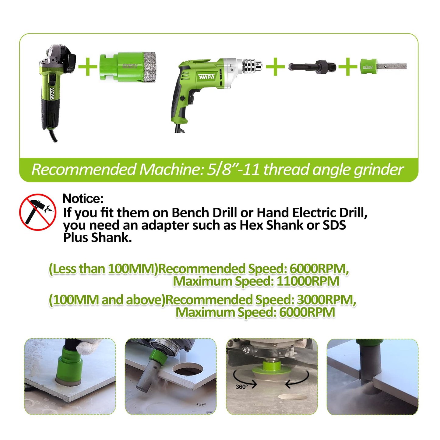 Diamond Finger Milling Bit 10mm - FACHLICH 5/8" 11 Thread and FACHLICH Diamond Core Drill Bits Set - Tile Hole Saw Kit 6/8/10/25/35/50/75/127MM+20F with 2" Diamond Beveling Chamfer Bits