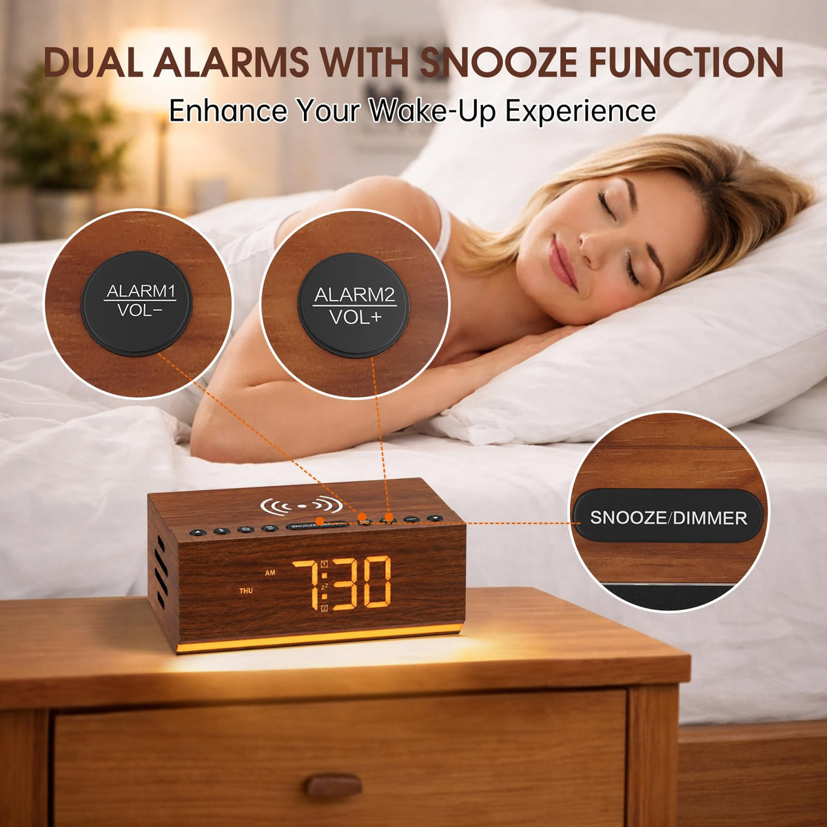 Hoifen Wooden Digital Alarm Clock with Bluetooth Speaker, Wireless Charging, FM Radio, Night Light, Auto Time Sync, Dual Alarms, USB Port, 9-Min Snooze for Bedroom, Desk, Bedside Clock Home Decor Gift