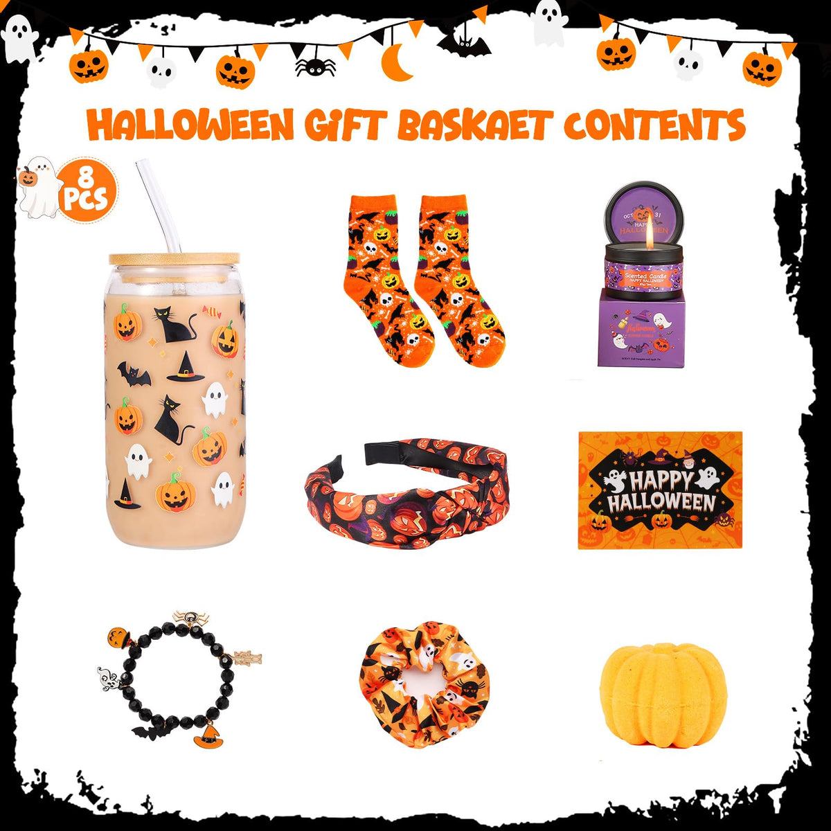 Munutix Boo Basket Stuffers for Women - 8pcs Halloween Gifts Basket for Teens Girls with 17oz Glass Cups & Spa Gifts - Boo Basket for Family, Friends, Her, Mom, Sister, Wife