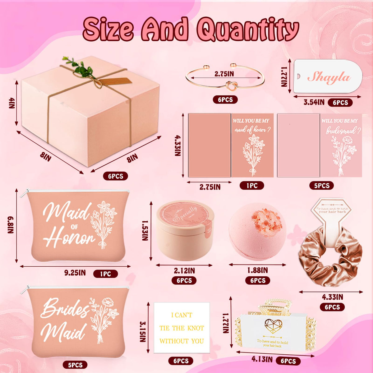 73pcs Bridesmaid Gifts Set Of 6 Pink,Maid of Honor Proposal Box Gift,Scented Candle Salt Ball Makeup Bag Rectangular Hair Clip Bridesmaids Scrunchies Knot Bracelet Bridal Shower Wedding Party