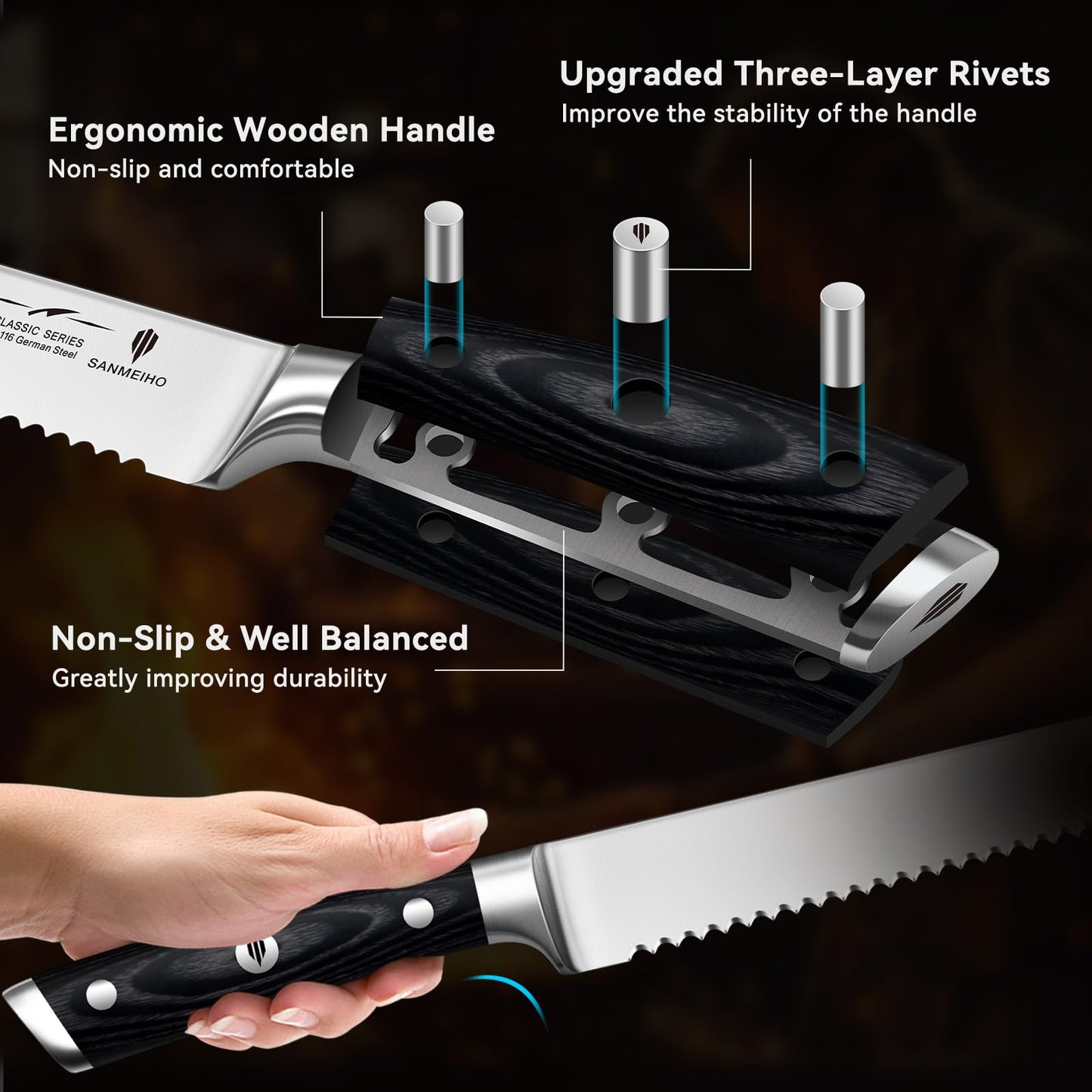 SANMEIHO 10" Bread Knife - Sourdough Slicing Knife Professional 5Cr15MoV Stainless Steel Serrated Knives, Ergonomic Wood Handle & Full Tang Design, Gift Box Included (Single-Edge