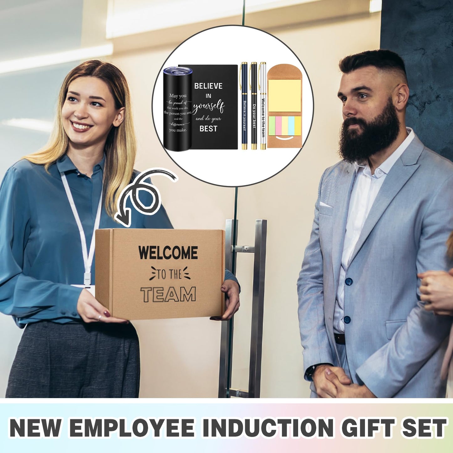 Teenyyou 7 Pcs New Employee Welcome to The Team Gift Set for Him or Her Welcome to The Team Gift Box Holiday Gifts Include 20oz Tumbler Notebook Pens and Sticky Note for New Employee Worker(Black)