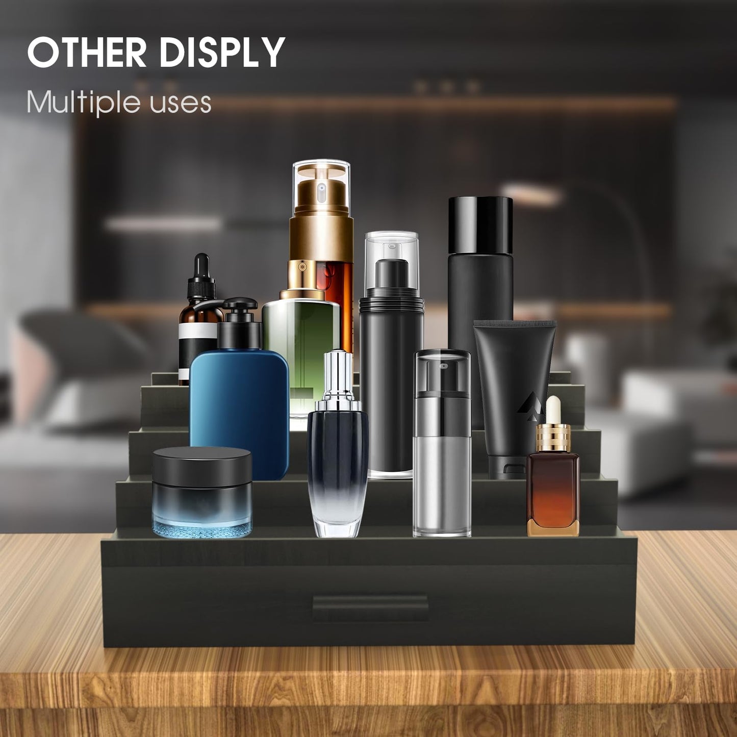 Sephyroth Cologne Organizer for Men 4 Tier of Elevated Cologne Display Shelf with Drawer Storage Perfume Organization and Storage Display Risers,Great Gift for Man(4Tier-Black)