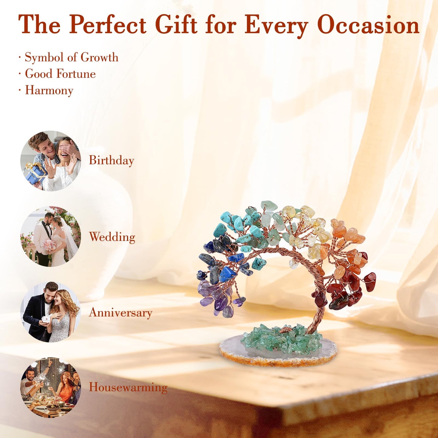 7 Chakra Crystal Money Tree with Agate Base, Fengshui Wealth Bonsai Figurine, Natural Crystal Chip Copper Wire Tree Ornament for Home Office Wedding Decoration (3-4 Inch)