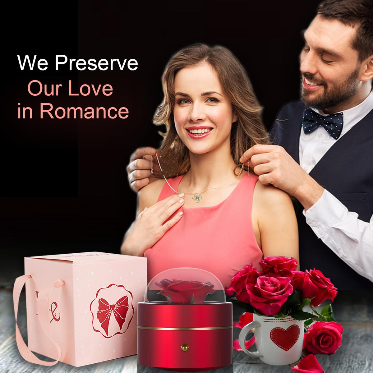 Preserved Handmade Rose Box with Four Leaf Clover Necklace, Jewelry Boxes Poetry Roses Gifts for Women Her Mom Wife Girlfriend on Valentines,Mother's Day with ''To My Love'' Card (Romantic Red)