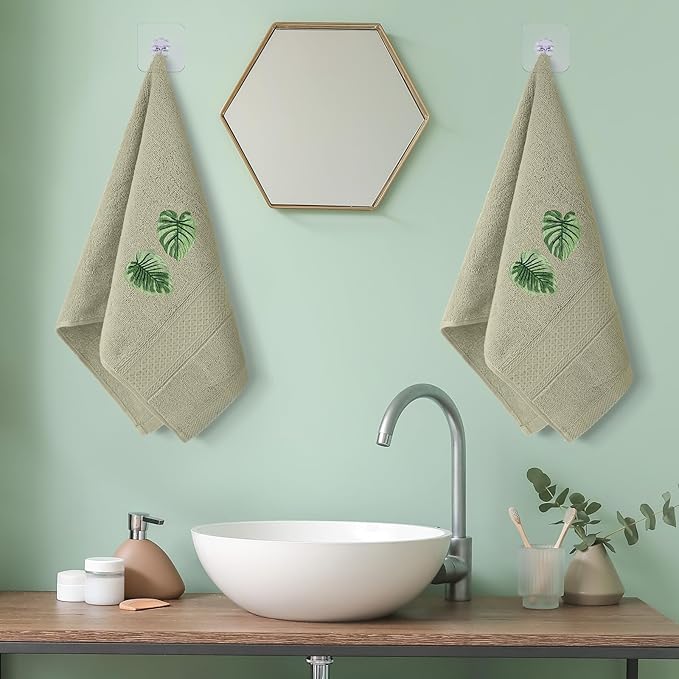 2 Pcs Tropical Palm Leaves Hand Towels Gray Green Bathroom Decor 14x29 Inch
