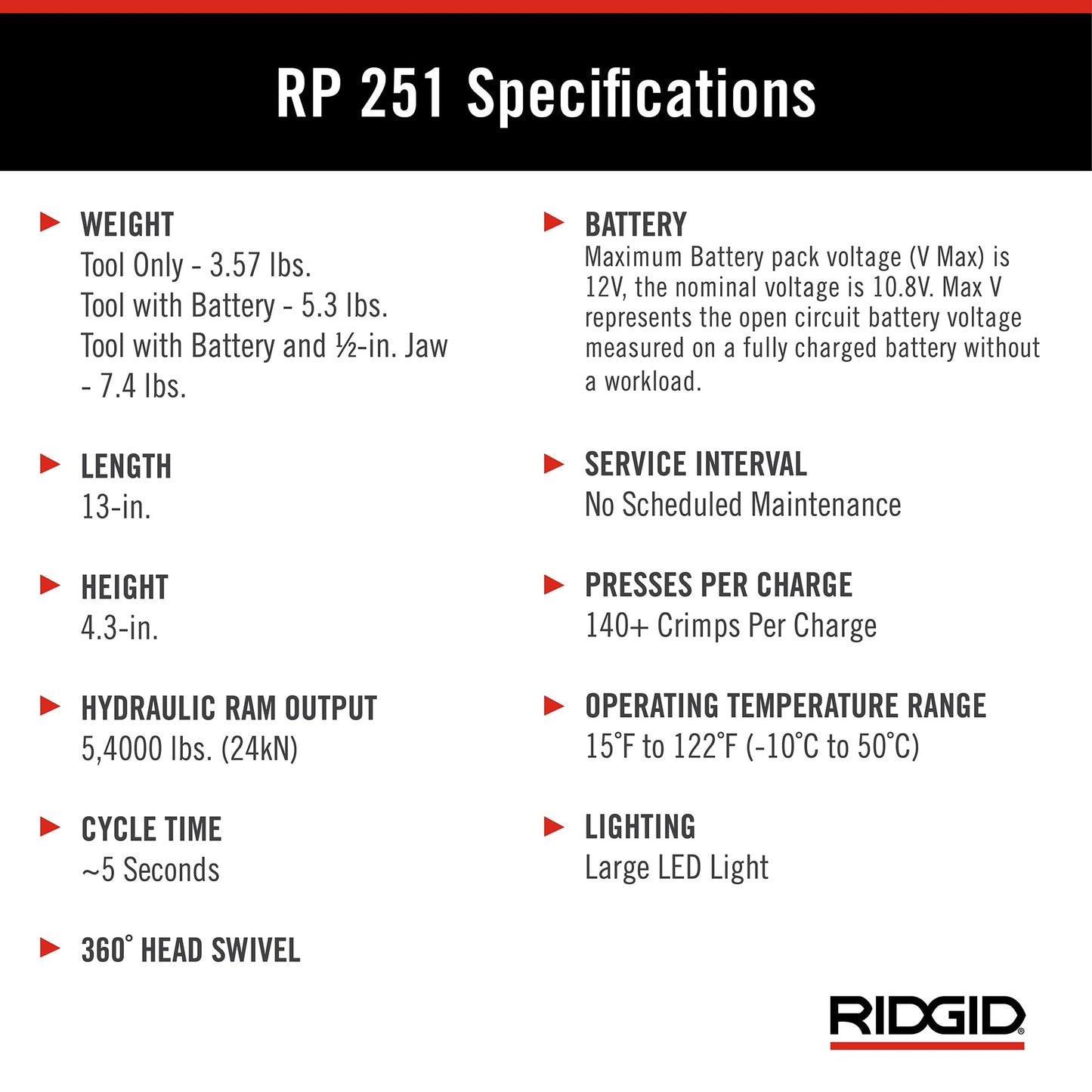 RIDGID 78198 RP 251 Compact Press Tool Battery Kit with ProPress Rings (1/2" to 1-1/4") and C1 Actuator, In-Line Pressing Tool for Copper, Stainless Steel, PEX, and Carbon Steel