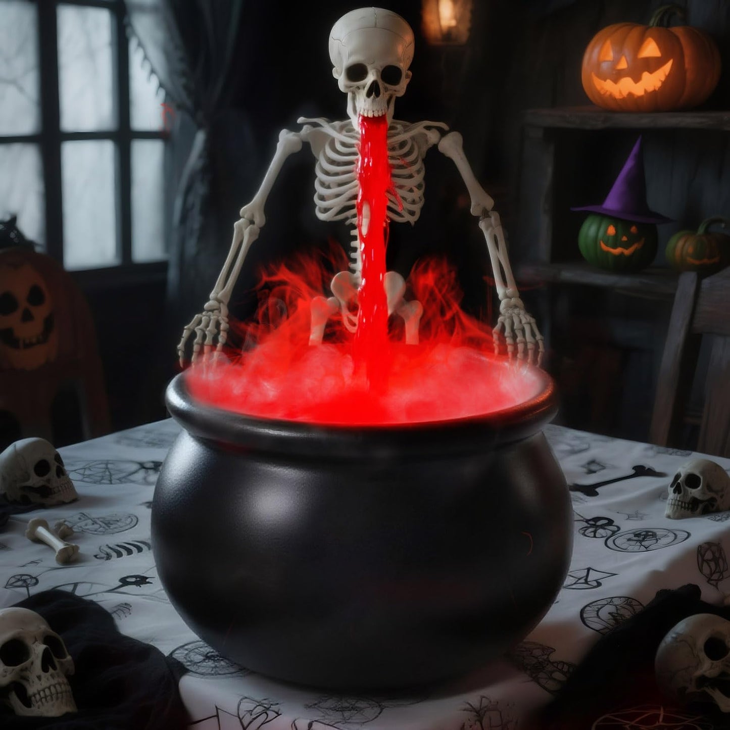Halloween Decoration, Ultrasonic Mist Maker Fogger with Black Witch Cauldron Halloween Skeleton Splash Guard, Spooky Hocus Pocus Party Halloween Decor for Home Table Kitchen Garden
