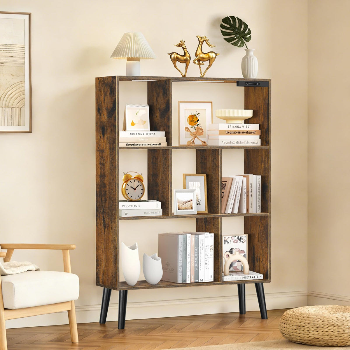 OUTONLIFE 7-Cube Bookshelf with LED Lights, Touch & Remote Control, Freestanding Open Bookcase Storage Shelf, Dimmable Modern Wooden Display Organizer with Legs for Living Room, Bedroom (Rustic Brown)