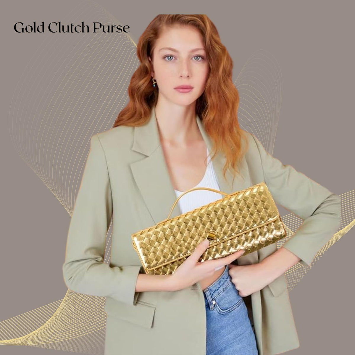 DST Gainbow Woven Clutch Purses for Women, PU Leather Evening Bag,Crossbody Shoulder Handbag with Detachable Strap(Gold)