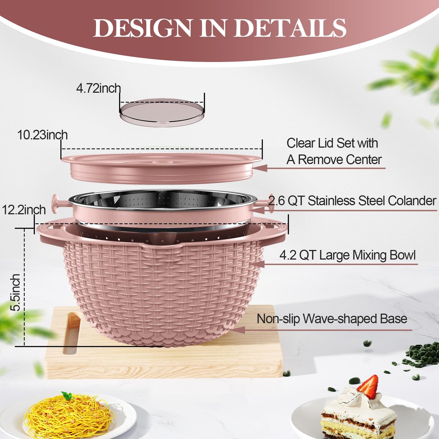 4-1 Strainer Bowl with Lid Set - Strainers and Colanders, Colander for Kitchen, Pasta Strainer, Fruit Cleaner, Veggie Wash, Funny Kitchen Present, Fruit Washing Bowl, Cooking Present for Women - Pink