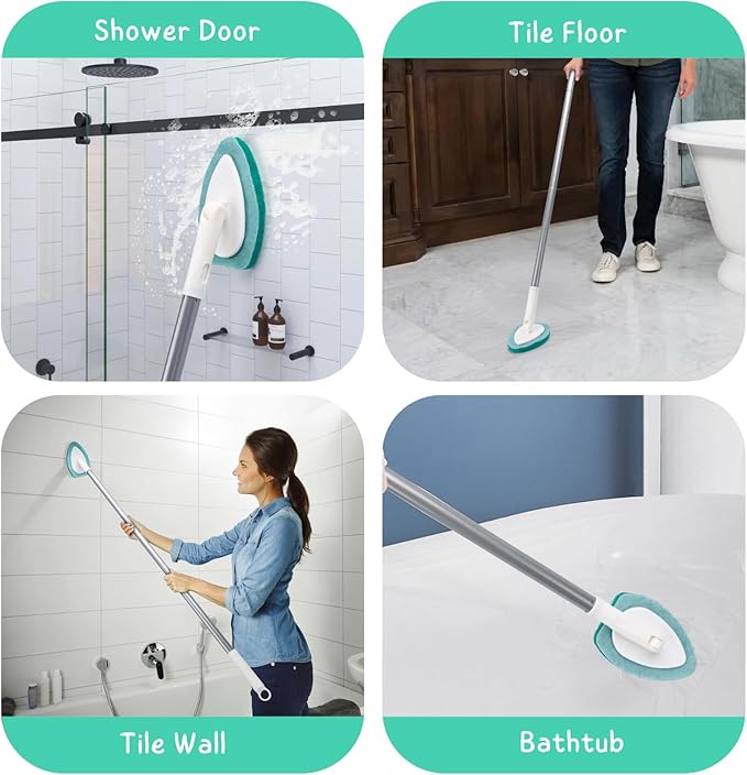 Shower Scrubber with Long Handle, Bathroom Tub and Tile Cleaning Tool with 6