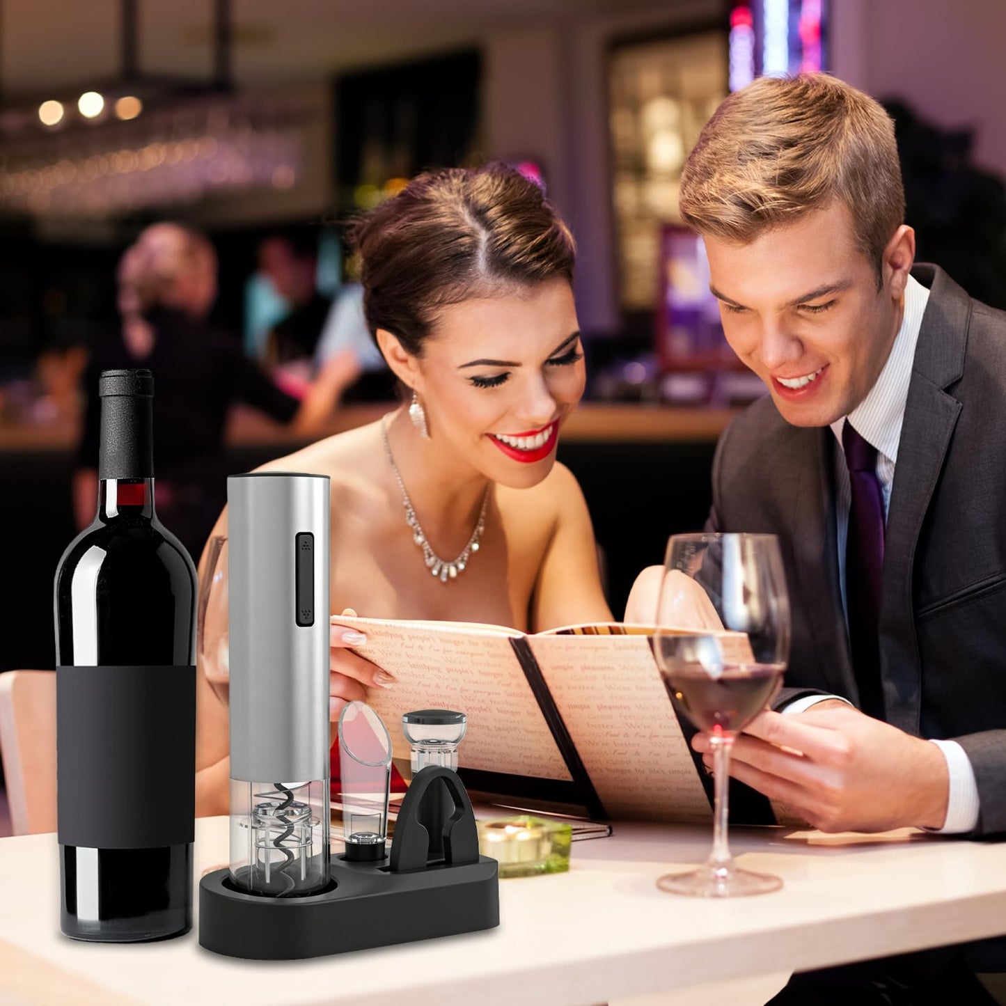 Electric Wine Opener - 5 Piece Set with Storage Base,Foil Cutter,Aerating Pourer & Vacuum Stoppers | USB-C Rechargeable | 40+ Opens Per Charge | Wine Opener Gift for Wine Lovers