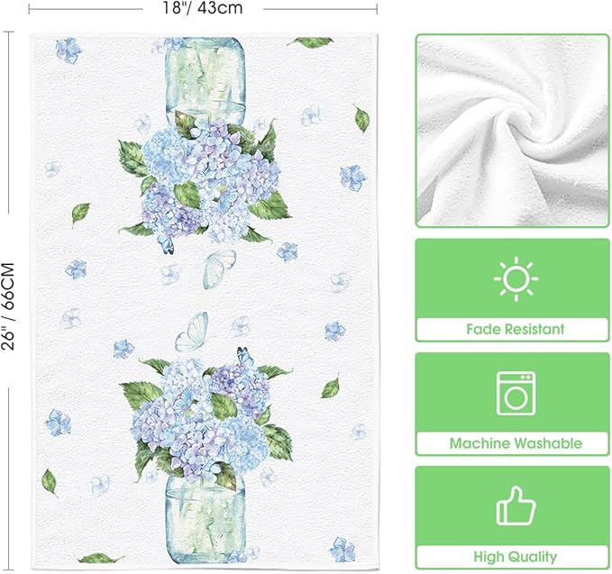 Artoid Mode Blue Hydrangea Motto Spring Kitchen Towels Dish Towels, 18x26 Inch