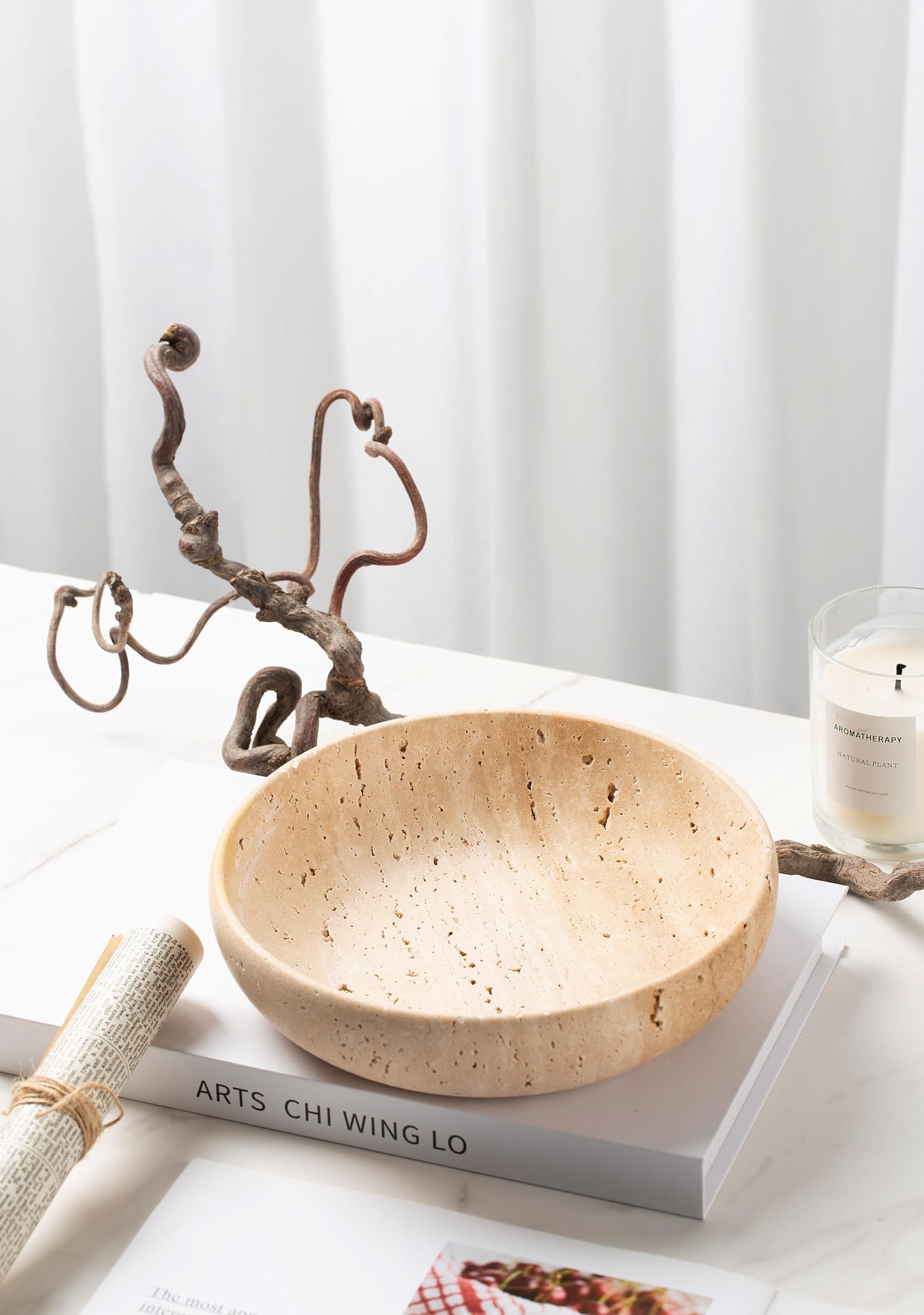 Natural Travertine Decorative Bowl 7.8", Handmade Stone Catchall Bowl for Entryway Key, Coffee Table Centerpiece, Kitchen Counter Fruit Bowl, Ring Tray, Office Home Decor Modern Apartment Essential