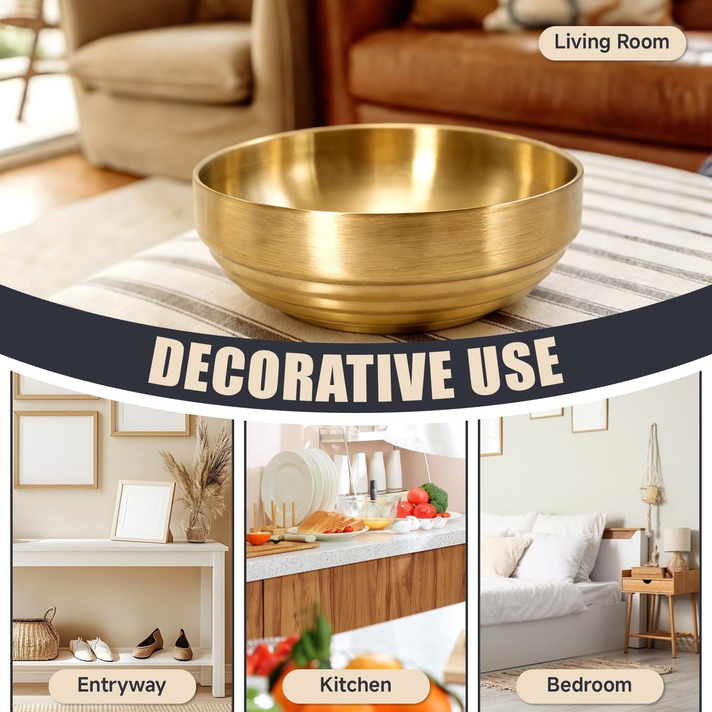 Philbinden 7.4" Gold Decorative Bowl Key Bowl Stainless Steel Fruit Bowl Modern Stylish Metal Centerpiece for Kitchen Counter, Key Catch All & Entryway Table Centerpiece