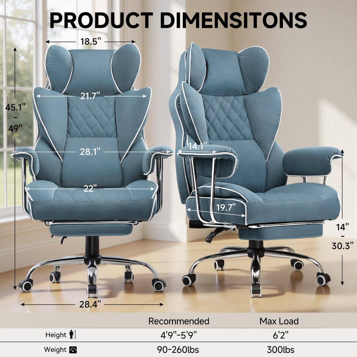 COMHOMA Big and Tall Gaming Chair with Pocket Spring Lumbar Support, Ergonomic Office Chair with Footrest, Executive Desk Chair with Outward Fixed Soft Armrests, Computer Chair with High Back, Blue