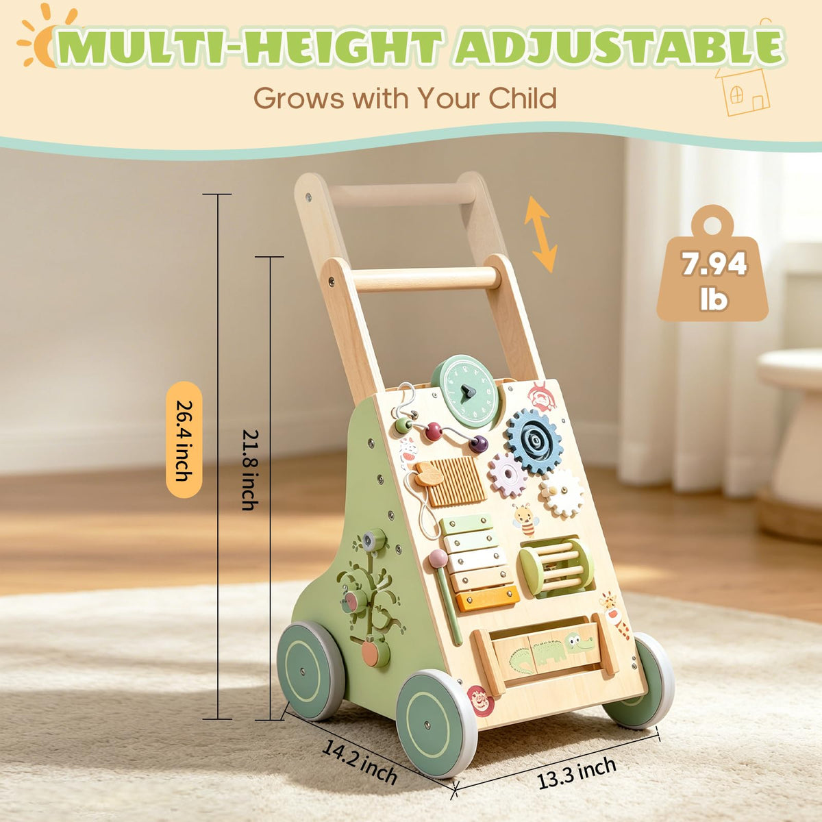 Brownroot Wooden Baby Walker with 10-in-1 Activity Center Adjustable Height Montessori Toddler Push Toy with Xylophone, Shape Sorter Gears for 1 2 3 Year Old Boys Girls