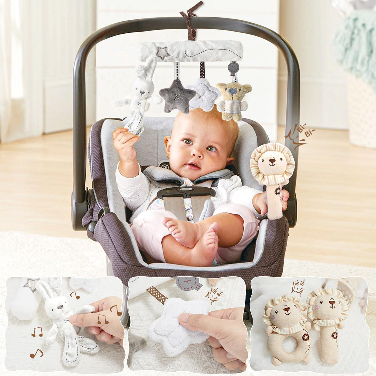 Golray 9pcs Newborn Baby Gift Baskets for Boys Girls Baby Shower, 2 Rattle/Seat Hang Toy/Blanket/Bodysuit/Bib/ 3D Socks/Wood Milestone/Carry Box, Neutral New Born Essential Stuff Unisex Baby Gifts Boy