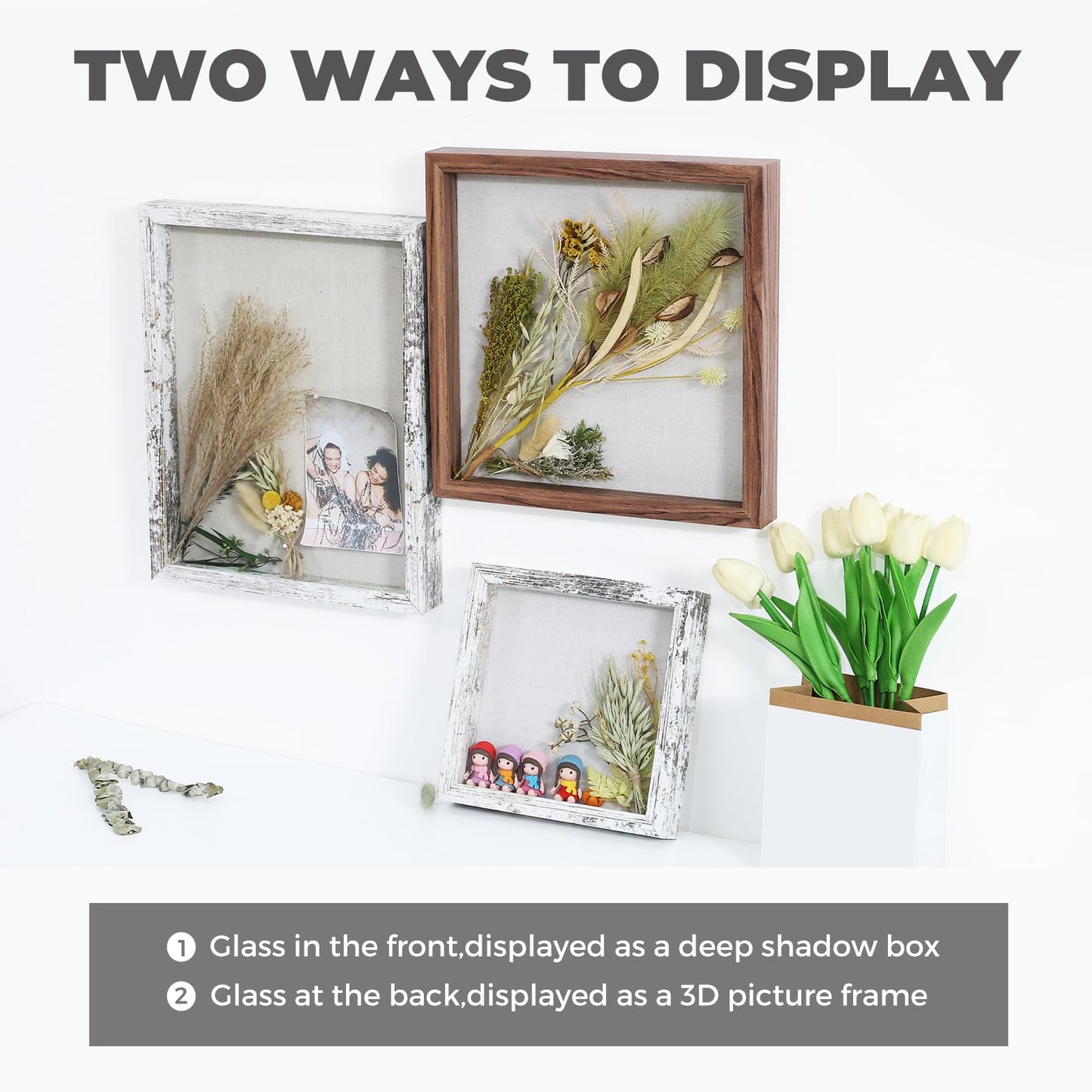 Muzilife 8x8 Shadow Box Picture Frame with Linen Board - Deep Wood & Glass Display Case Ready to Hang Memory Box Baby Sports Memorabilia, Pins, Awards, Medals, Wedding, Tickets and Photos (Black)