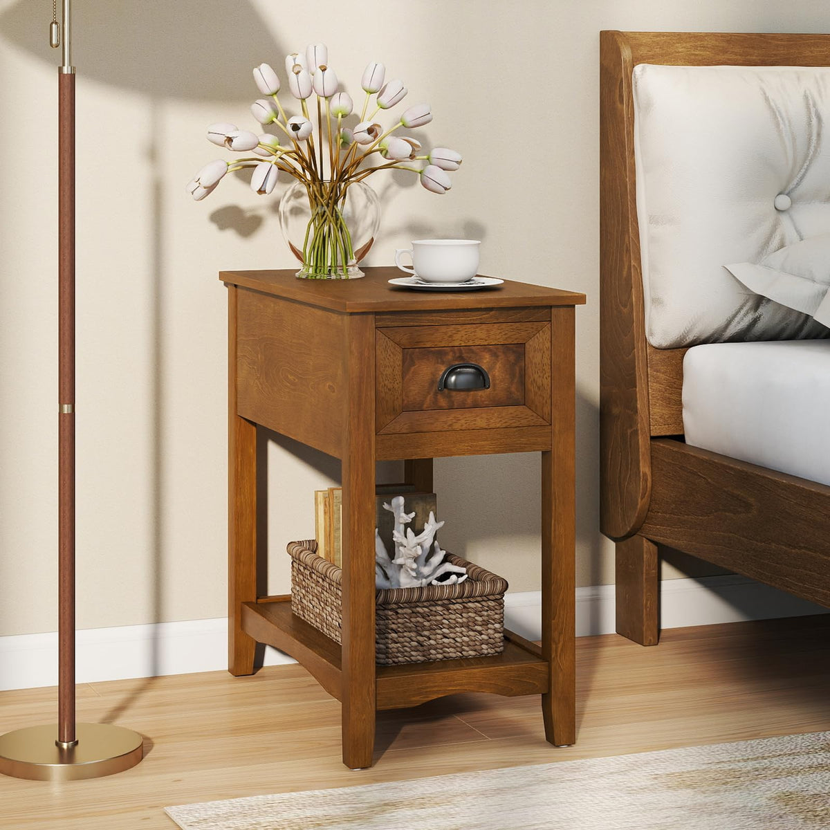 Giantex End Table with Drawer, Retro Narrow Side Table, Nightstand with Solid Wood & Storage Shelf, Bedside Table for Living Room Bedroom Small Space Home Office (1, Tawny)