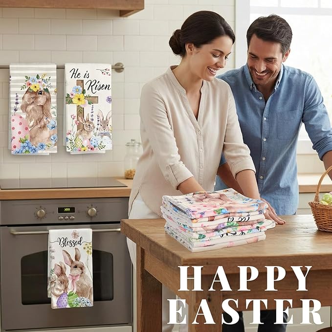 Breling Set of 6 Easter Decorations Happy Easter Kitchen Towels Rabbit Dish