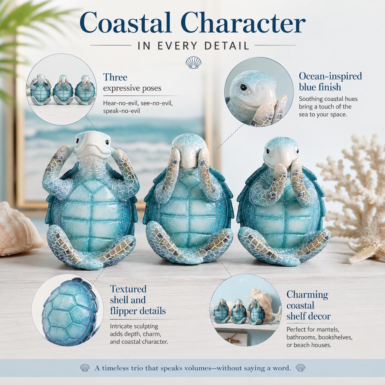 Wise Sea Turtle Sculpture Decor Set of 3,Hear See Speak No Evil Figurines,Summer & Coastal Bathroom Shelf Accents,Blue Ocean Statues for Beach House,Tiered Tray Mantel Decor,Sea Turtle Gifts for Women