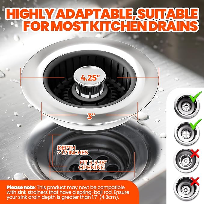 Kitchen Sink Drain Strainer & Sink Stopper, Upgraded Stainless Steel Drain Plug