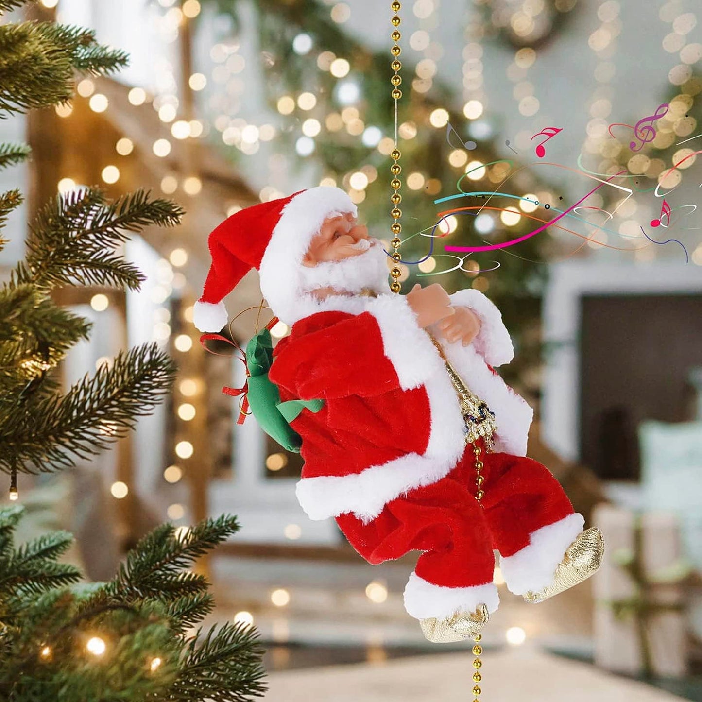 Climbing Santa Claus 9" Christmas Ornament Xmas Decoration Climbs Up and Down Battery Operated Toy with Light Music and Sound Animated Climbing on Beads Musical Moving Figure Xmas Christmas Ornament