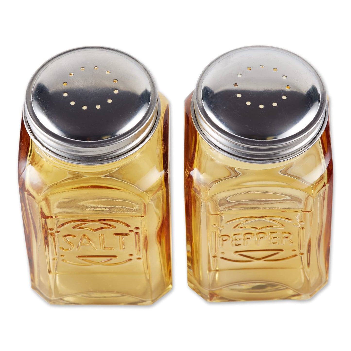 RSVP International Jumbo Retro Glass Salt & Pepper Shaker, Screw On Stainless Steel Lid, Each Shaker Holds 8 Ounces, Amber, 2.25x2.25x4.3, 2 Piece