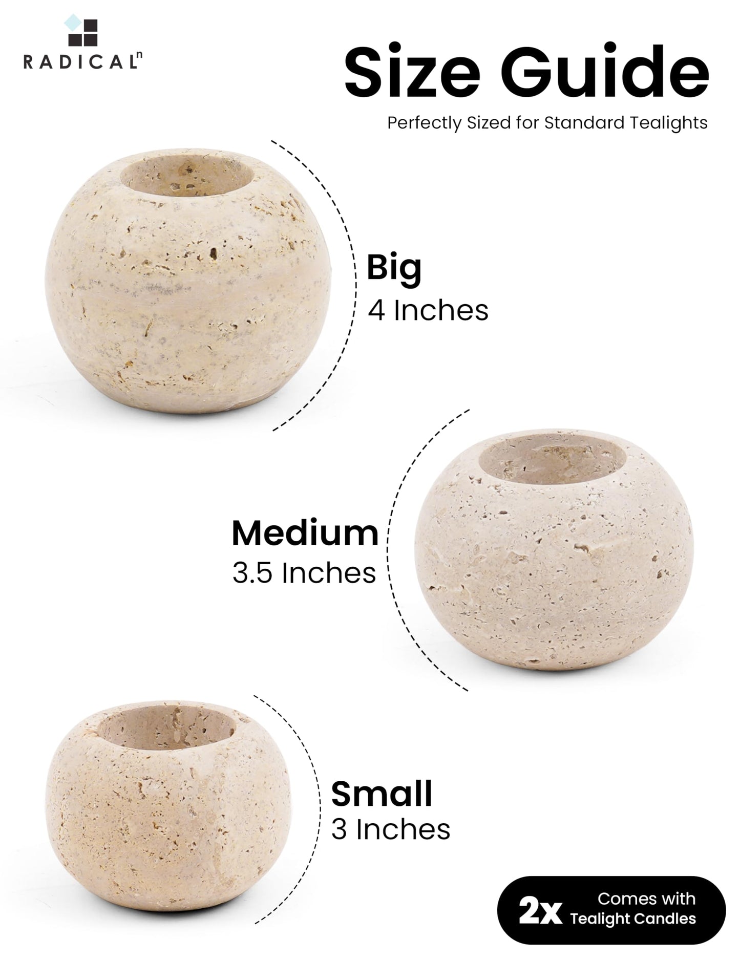 Radicaln Marble Tealight Candle Holder 4" Inch Travertine Handmade Decorative Votive Candle Holder for Home Decor, Elegant Set of 3 Mini Candle Holders & Marble Taper Holder for Housewarming