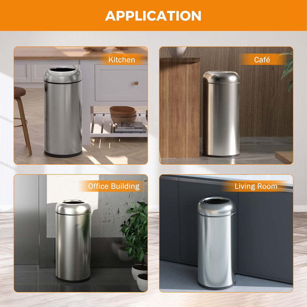 BEAMNOVA 16.5 Gallon Trash Can Black Open Top Large Outdoor Indoor Commercial Stainless Steel Industrial Waste Basket Container, Metallic Garbage Enclosure with Lid