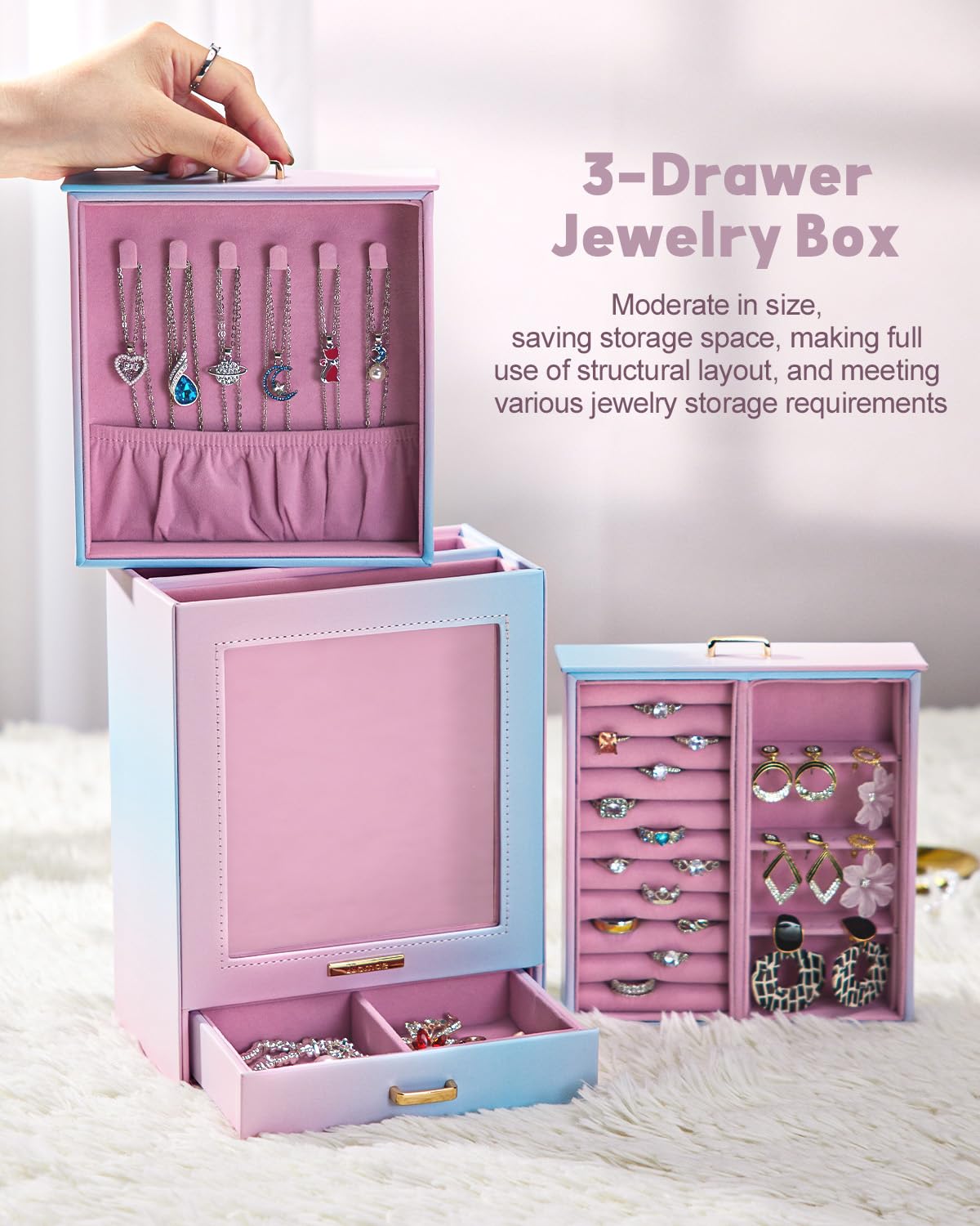 Homde Jewelry Organizer Girls Women Jewelry Box for Necklaces Rings Earrings Gift Bracelets Storage Case (Blue - Pink Gradient + Gold)