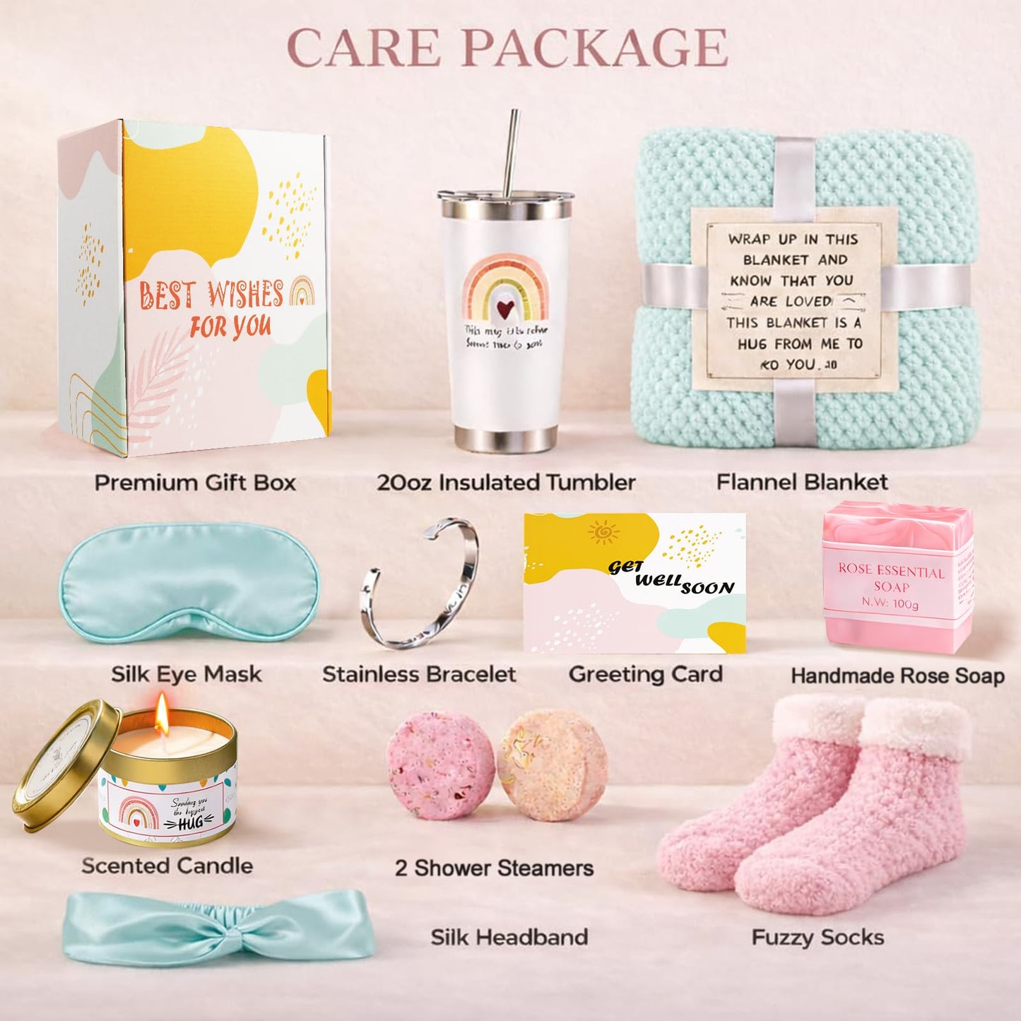 Get Well Soon Care Package for Women, 12 Pcs Deluxe Self-Care Gift Box with Cyan Cozy Blanket, Tumbler, Candle & Spa Feel Better Basket – After Surgery, Thinking of You, Encouragement Recovery Gifts