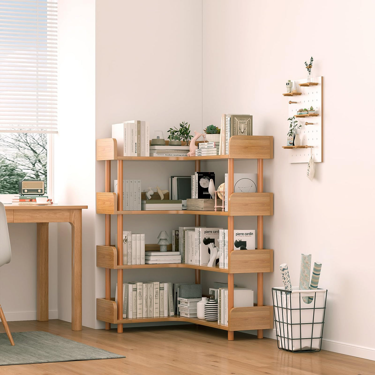 OSCHF Wooden Reversible Corner Bookshelf - Modern 4 Tiers L-Shaped Bookcase with Solid Wood Frame and Edge Protection for Home and Office, Open Storage Shelf, Oak