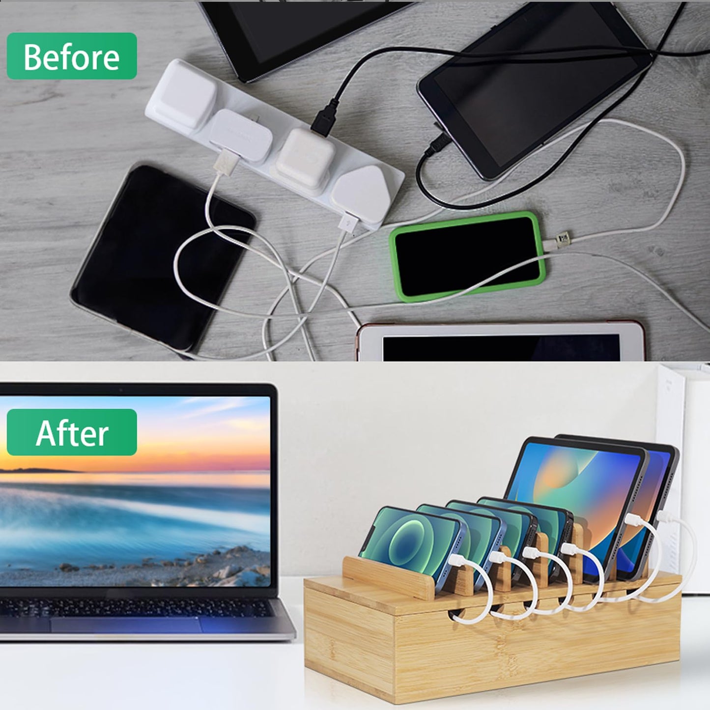 LEOKKARR Bamboo Charging Station for Multiple Devices (Includes 5 Port USB Charger, 6 x Charge Cables), Upgrade Desk Docking Stations Organizer for iPhone Devices, Tablets, Laptop Holder Stand