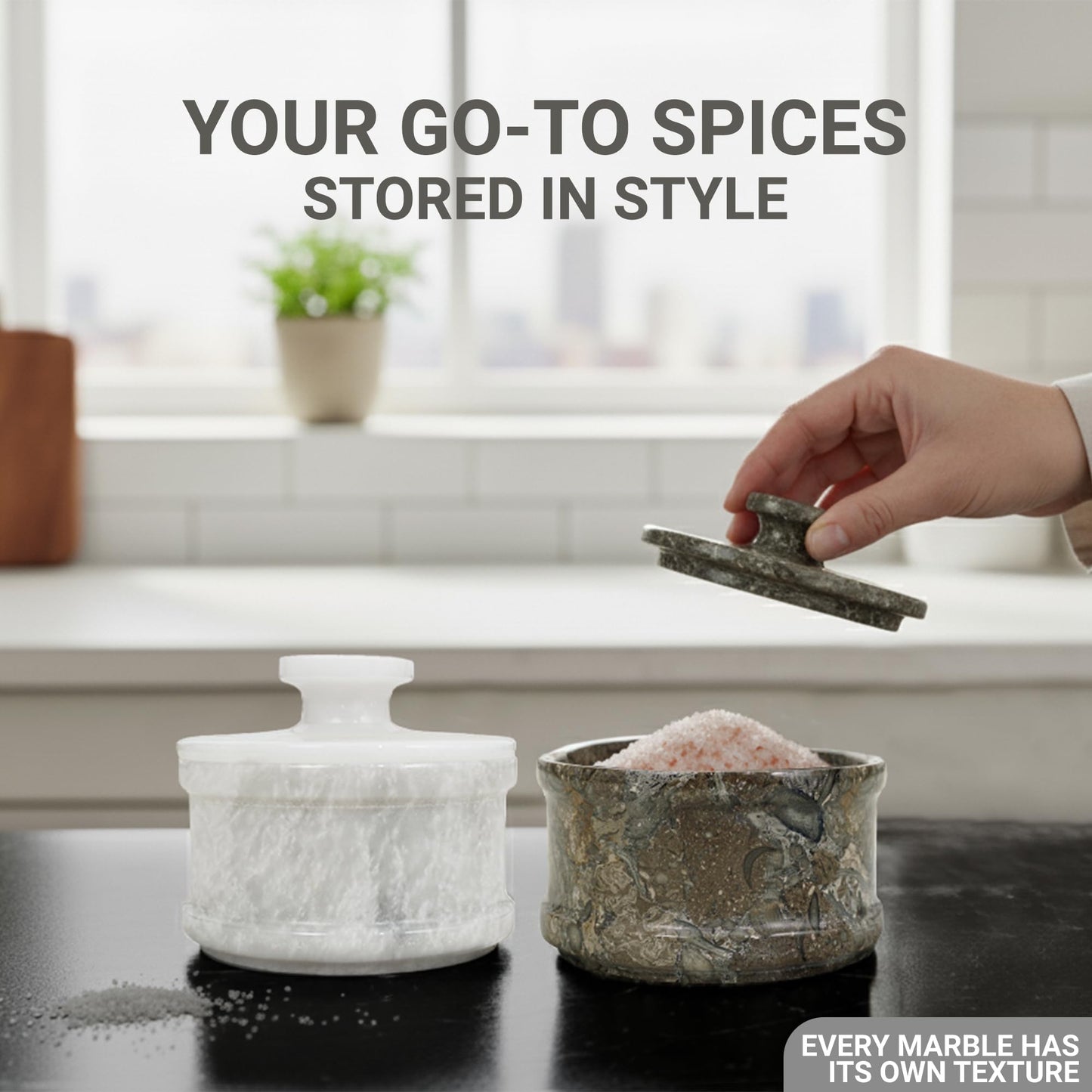 UrbanFocal Marble Salt Cellar with Lid 3.5" Inch Verona Salt Box, Seasoning Container & Spice Jars, Stone Salt Holder for Counter, Spice Jar, Verona