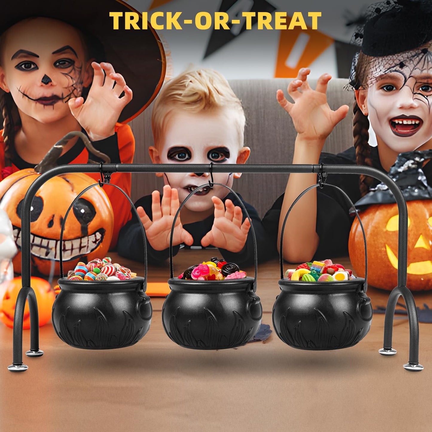 inin Easter Party Decorations Indoor,Set of 3 Witches Cauldron Candy Serving Bowls With Rack, Easter Candy for Kids, Halloween Party Supplies,Black Plastic Candy Cauldron for Table Decor