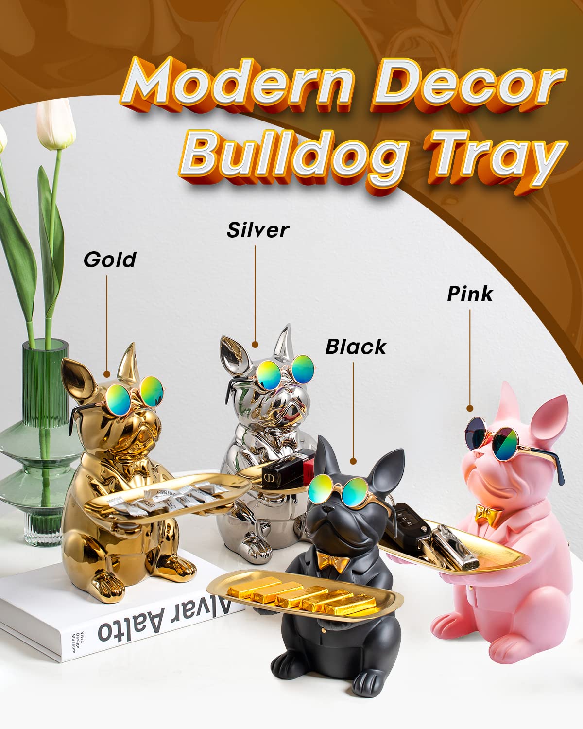 bwytbwy French Bulldog Statue,Resin Bulldog Key Tray for Entryway Decor, Key Holder Organizer for Entryway Table, French Bulldog Gifts Pink