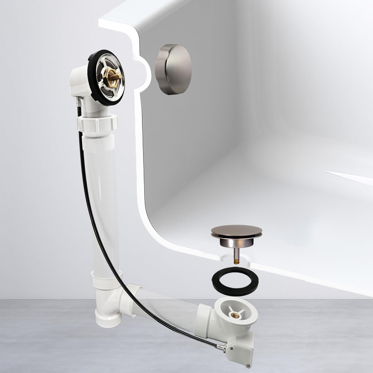 Westbrass Sch. 40 PVC 27 in. Cable Drive Bath Waste - Ball Joint Head, Satin Nickel, D50P27BJ-07