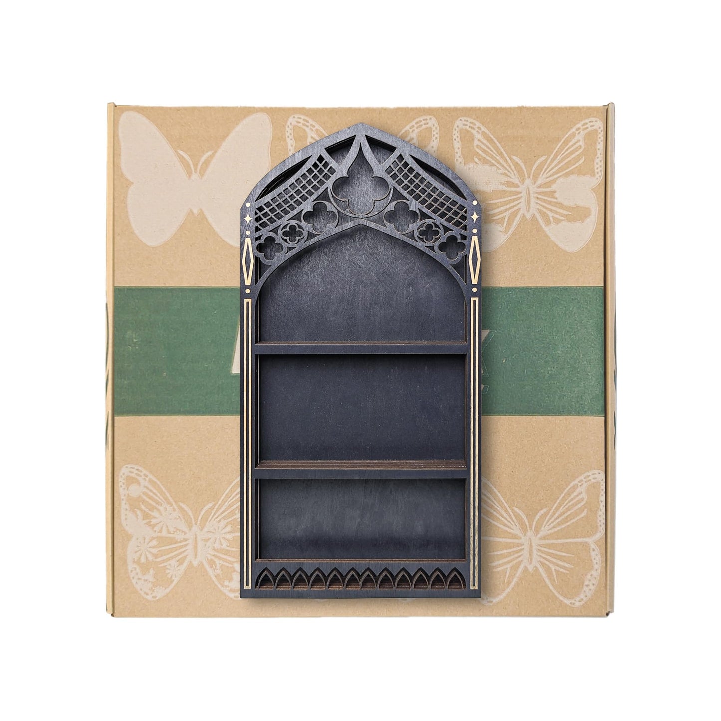 Gothic Window Crystal Shelf Display for Wall, Wooden Gem Stone Rock Storage Holder Trinkets Organizer, Wall Mount Stand Case Box for Witch Wiccan Decor, Spiritual Gift for Home Bedroom Living Room