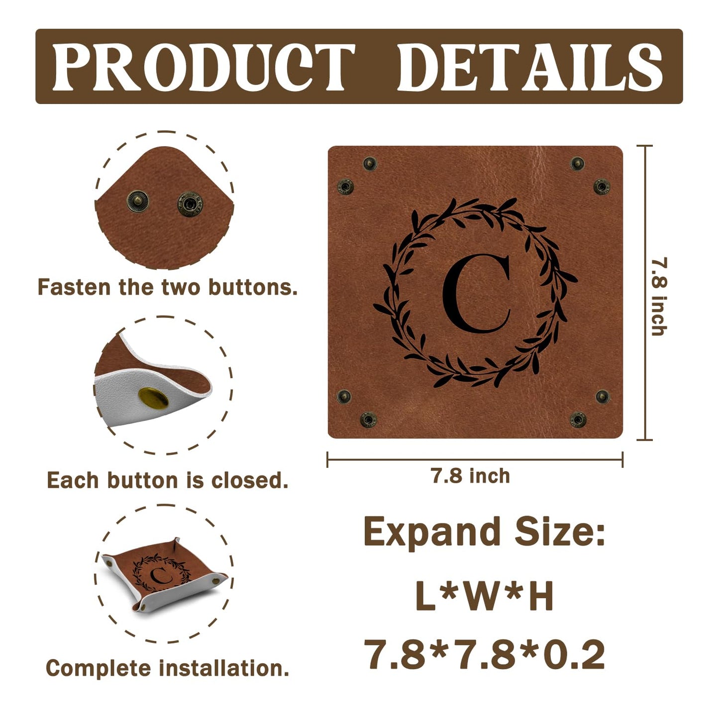 Dilemat Gifts for Men Initial Valet Tray,Personalized Gifts for Dad Husband Boyfriend Grandpa,Nightstand Desk Accessories PU Leather Tray Organizer for Birthday Christmas Ideas (C)