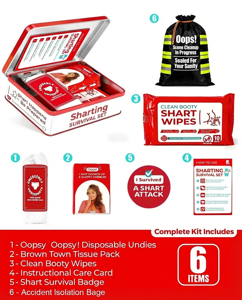 Funny Sharting Survival Set - Gag Gifts for Men, Boyfriend, Husband Birthday - 6pc Hilarious Bathroom Prank Gift for Adults - Unique White Elephant Gift, Stocking Stuffer, Fart Joke Novelty Tin