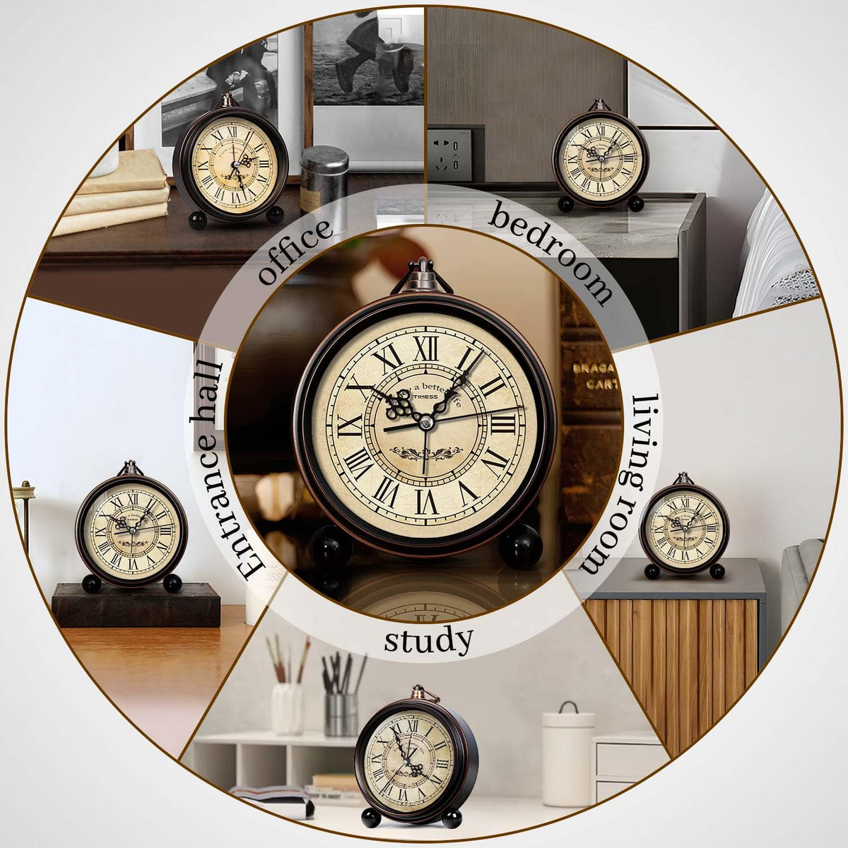TIMESS Vintage Analog Alarm Clock, 4.3" Silent Non-Ticking Quartz Desk Clock with Roman Numerals, Battery Operated Table Clock for Bedroom, Living Room, Office, or Gift (White)