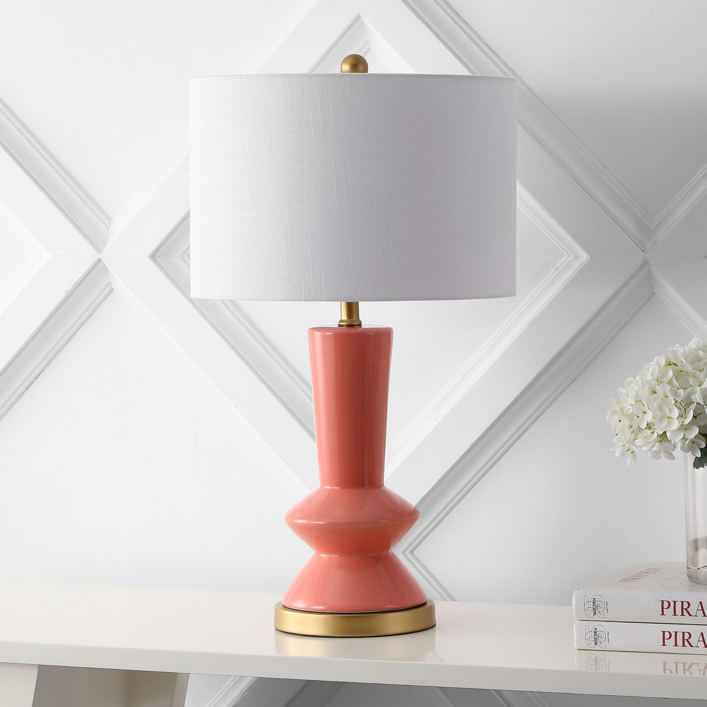 JONATHAN Y 27" Coral/Gold Painting Modern Ceramic Table Lamp for Bedroom Living Room, with White Linen Shade, Glam Geometric Bedside Nightstand Lamp, LED Bulb Included (JYL6607B)