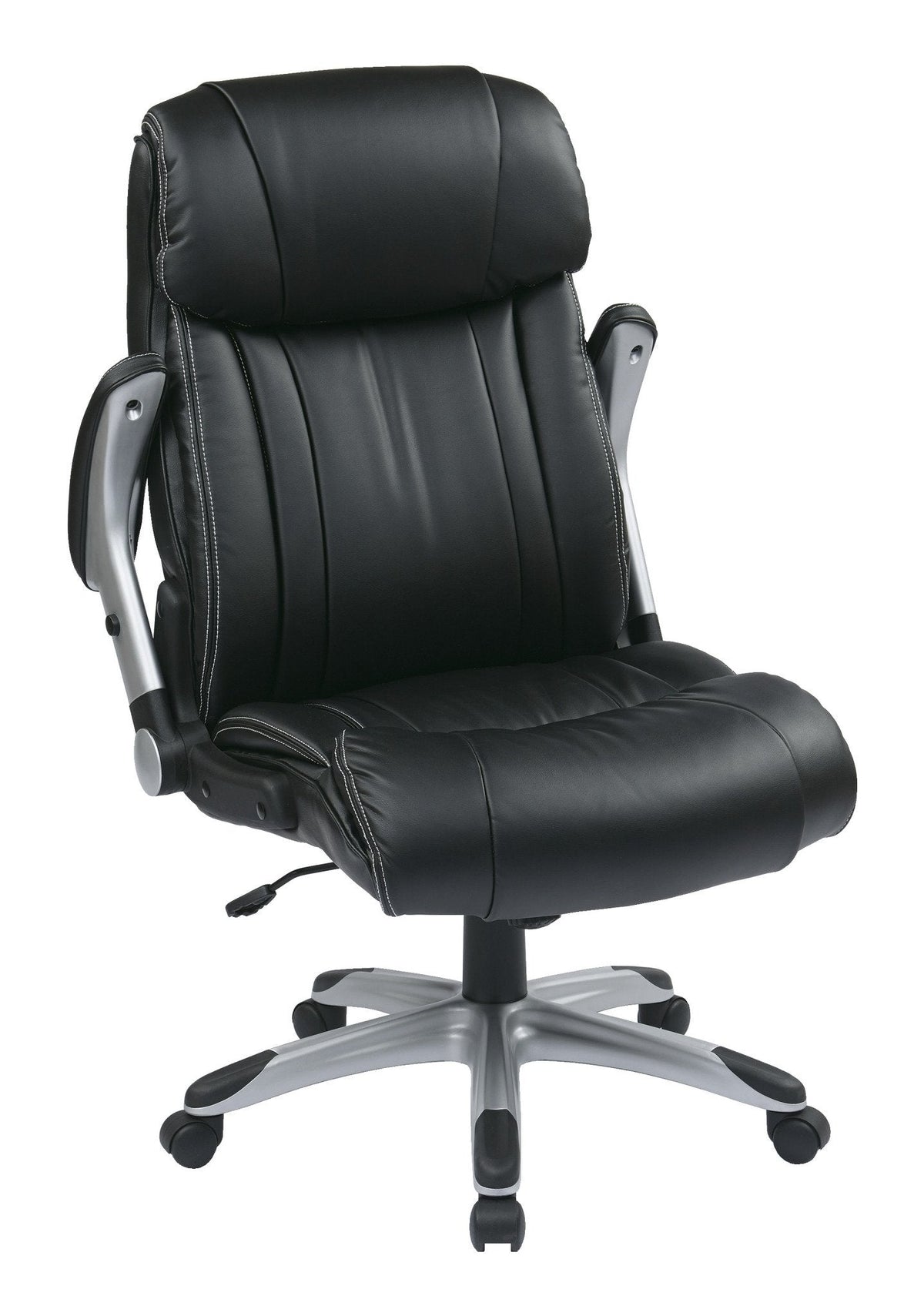 Office Star ECH Series High Back Executive Bonded Leather Office Chair with Adjustable Padded Flip Arms, Black with Silver Coated Base