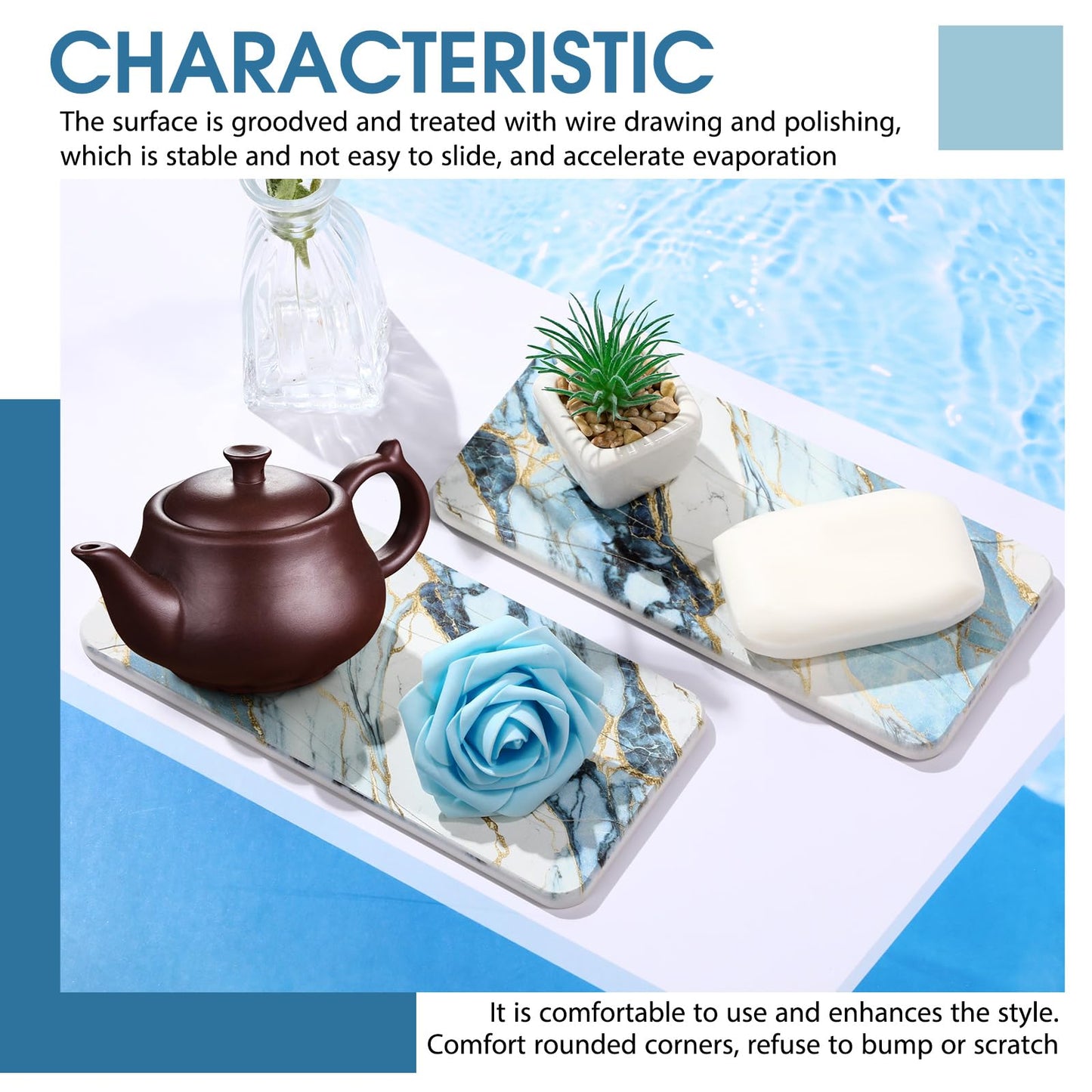 Photect 2Pcs Water Absorbent Diatomite Coasters 8.6x4'' Diatomaceous Earth Drying Ma, Grooved Design Water Absorbing Stone for Home Bathroom Decoration Home Warming Gift(Blue,Marble Style)