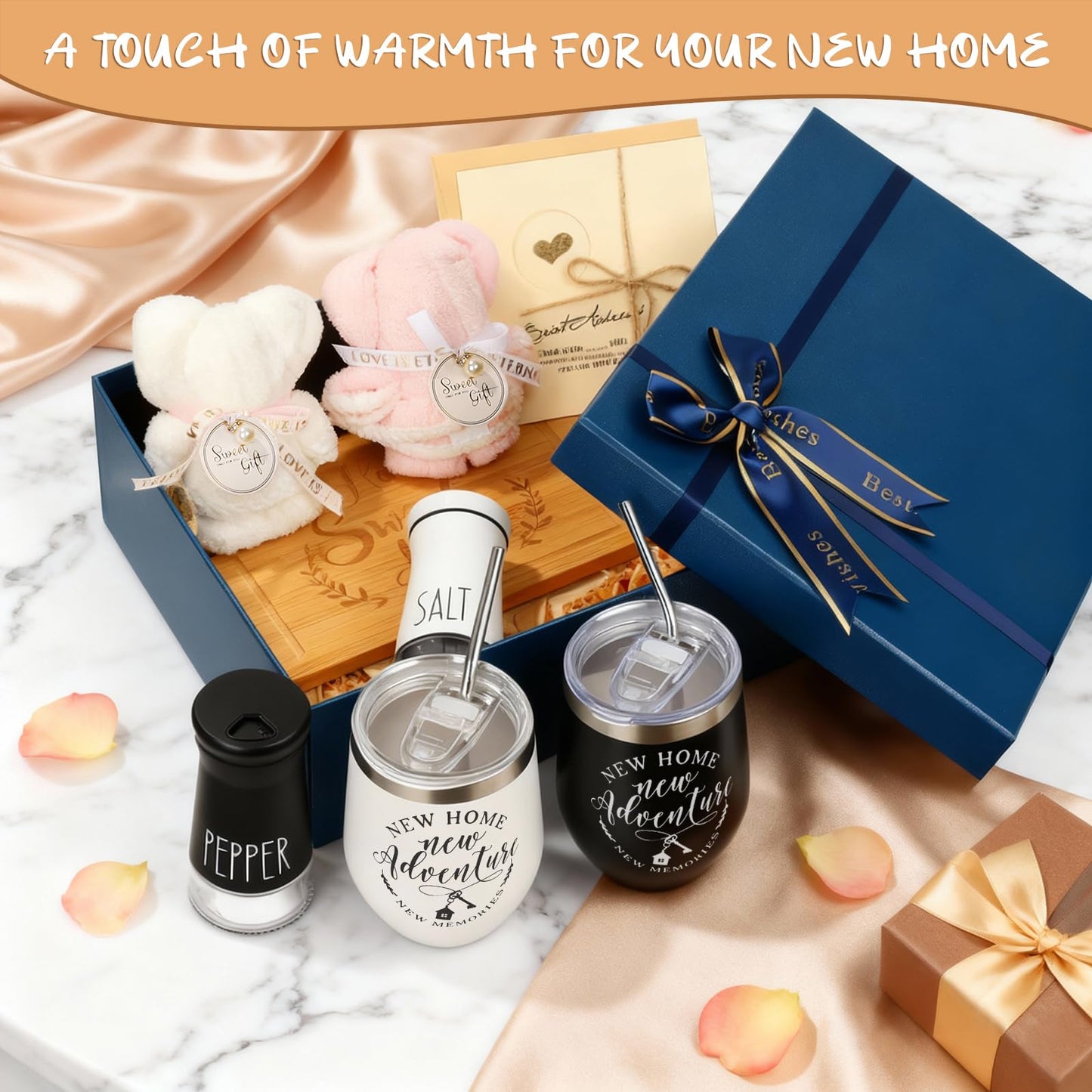 House Warming Gifts New Home, 13 Pcs New House Gift Basket, Home Essentials for New Home Gift Set, Home Sweet Home Bamboo Serving Board for Couple Women Men