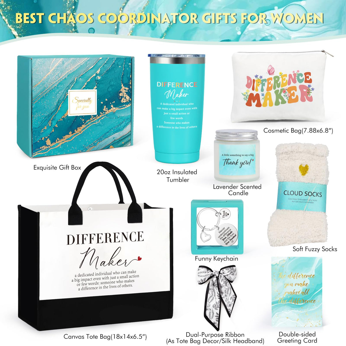 Suhctuptx Thank You Gifts for Women, Difference Maker Gift Appreciation Gifts Inspirational Basket Farewell Gift with Canvas Tote Bag for Teachers Nurse Boss Coworkers Employee Mentor Principal